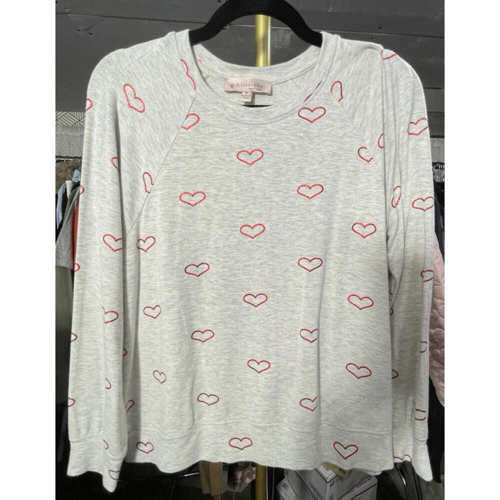Philosophy Republic Clothing Gray Pullover Sweatshirt With Red Heart Print Sz M